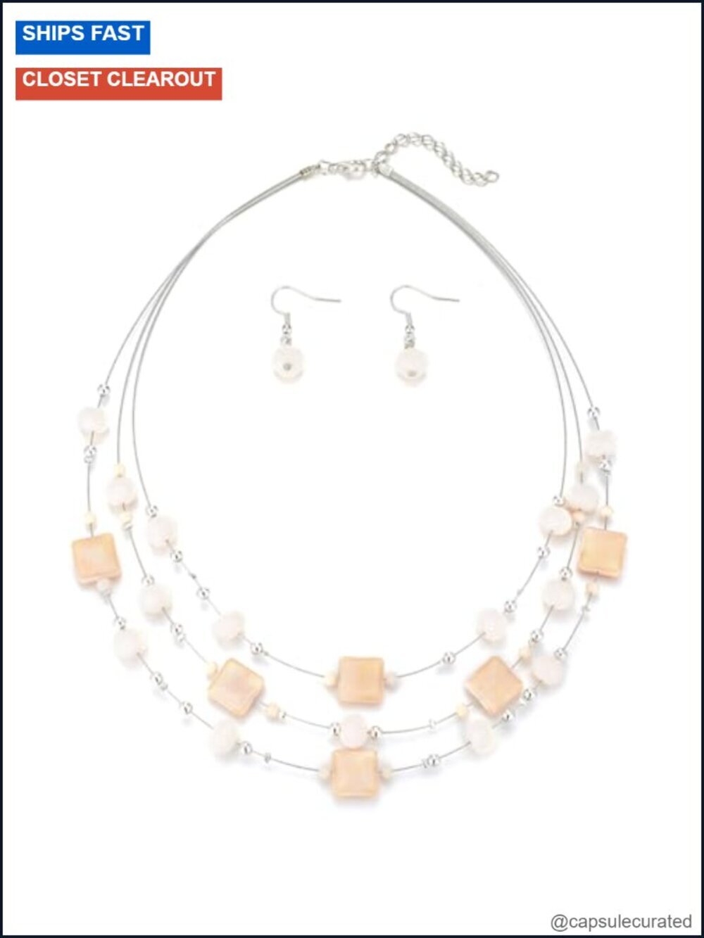 Layered Square Crystal Bead Necklace & Earring Jewelry Set